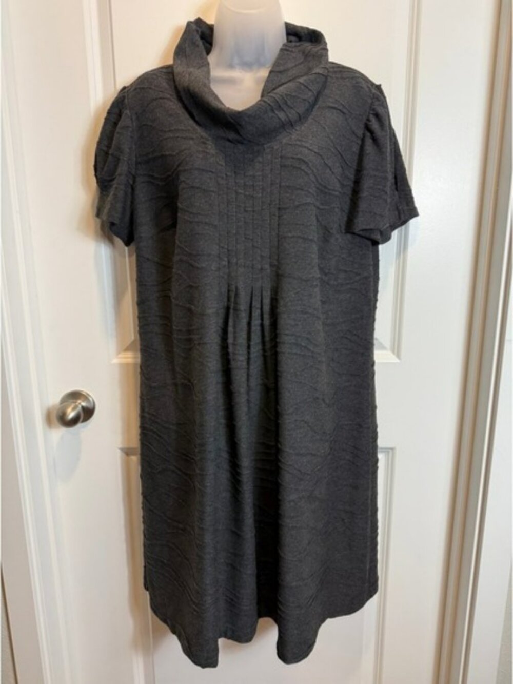 CJ Banks Womens Dress 16W Charcoal Gray Cowl Neck Pintuck Textured Workwear Chic